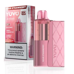 Sour Strawberry YOVO JB50K disposable vape kit with 1000mAh power bank and 15mL pod, 5% nicotine salt, up to 50,000 puffs, no ice