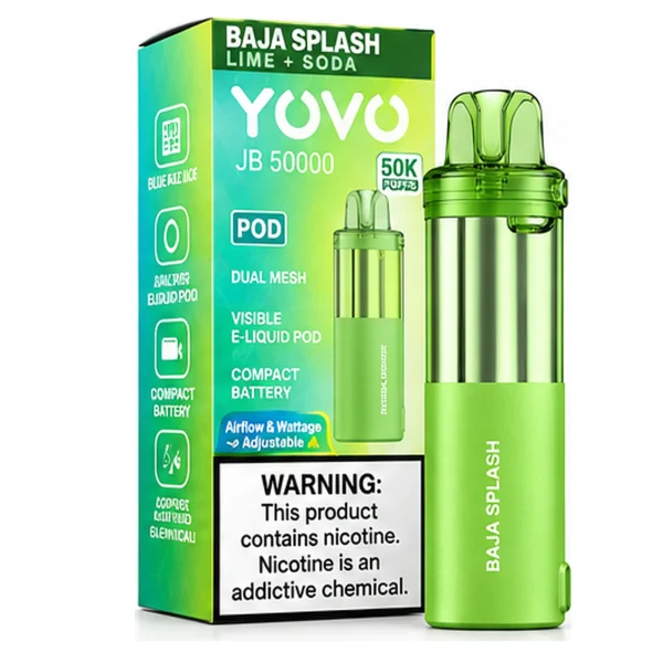 Baja Splash YOVO JB50K disposable vape pod with retail box, 15mL, 5% nicotine salt, up to 50,000 puffs, no ice