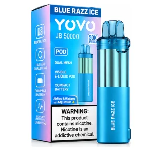 Blue Razz Ice YOVO JB50K disposable vape pod with retail box, 15mL, 5% nicotine salt, up to 50,000 puffs, iced