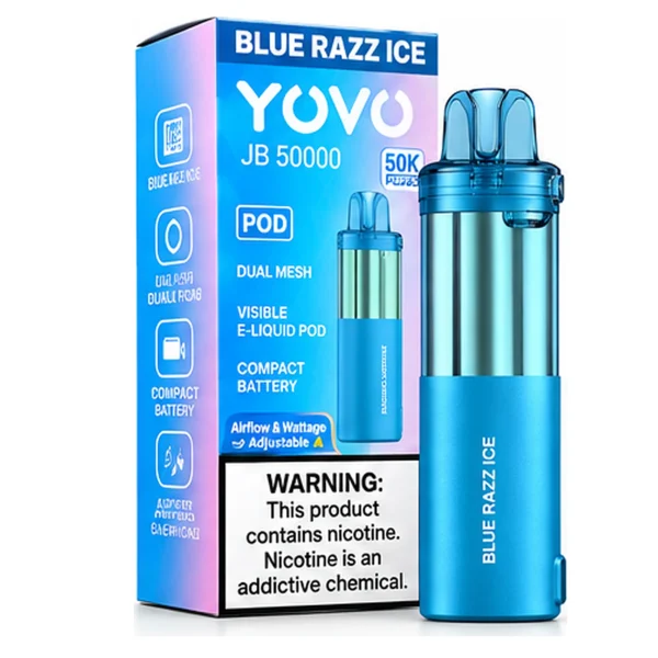 Blue Razz Ice YOVO JB50K disposable vape pod with retail box, 15mL, 5% nicotine salt, up to 50,000 puffs, iced