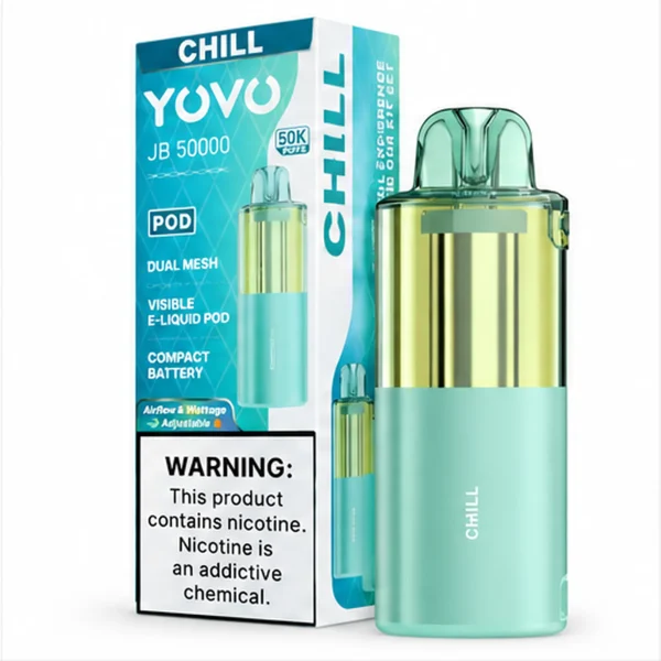 Chill YOVO JB50K disposable vape pod with retail box, 15mL, 5% nicotine salt, up to 50,000 puffs, iced