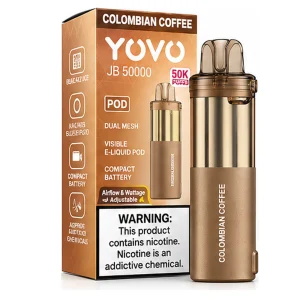Colombian Coffee YOVO JB50K disposable vape pod with retail box, 15mL, 5% nicotine salt, up to 50,000 puffs, no ice