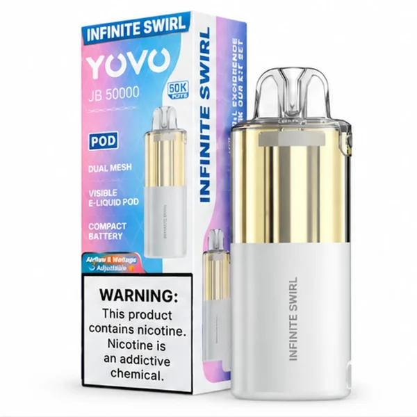 Infinite Swirl YOVO JB50K disposable vape pod with retail box, 15mL, 5% nicotine salt, up to 50,000 puffs, no ice