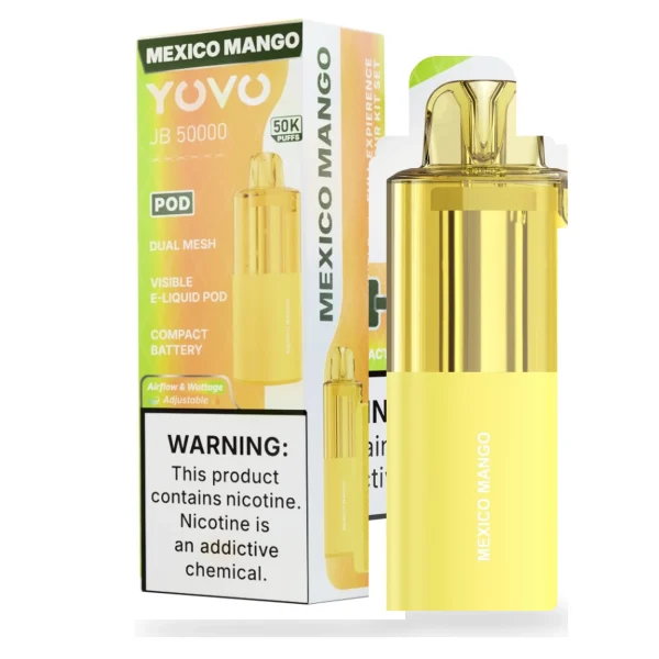 Mexico Mango YOVO JB50K disposable vape pod with retail box, 15mL, 5% nicotine salt, up to 50,000 puffs, no ice