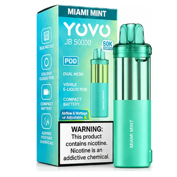 Miami Mint YOVO JB50K disposable vape pod with retail box, 15mL, 5% nicotine salt, up to 50,000 puffs, iced