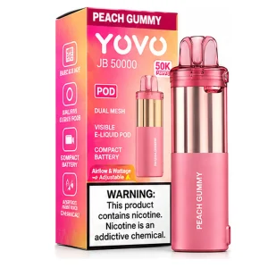 Peach Gummy YOVO JB50K disposable vape pod with retail box, 15mL, 5% nicotine salt, up to 50,000 puffs, no ice