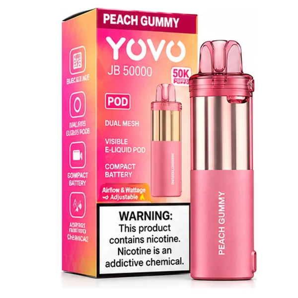 Peach Gummy YOVO JB50K disposable vape pod with retail box, 15mL, 5% nicotine salt, up to 50,000 puffs, no ice