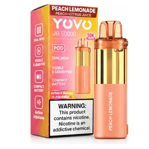 Peach Lemonade YOVO JB50K disposable vape pod with retail box, 15mL, 5% nicotine salt, up to 50,000 puffs, no ice