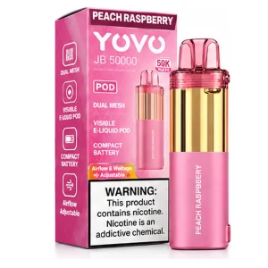 Peach Raspberry YOVO JB50K disposable vape pod with retail box, 15mL, 5% nicotine salt, up to 50,000 puffs, no ice