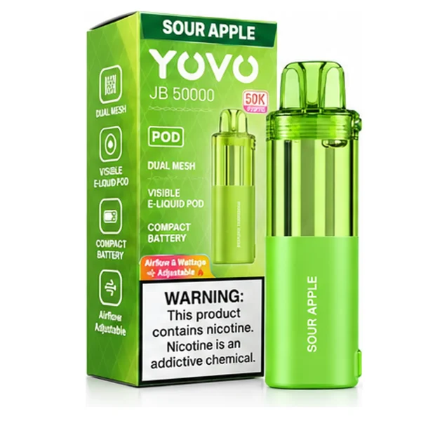 Sour Apple YOVO JB50K disposable vape pod with retail box, 15mL, 5% nicotine salt, up to 50,000 puffs, no ice