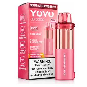 Sour Strawberry YOVO JB50K disposable vape pod with retail box, 15mL, 5% nicotine salt, up to 50,000 puffs, no ice