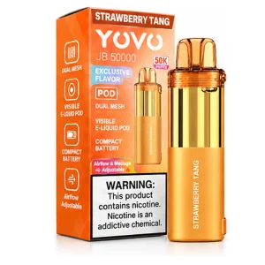 Strawberry Tang YOVO JB50K disposable vape pod with retail box, 15mL, 5% nicotine salt, up to 50,000 puffs, no ice