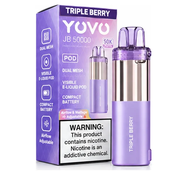 Triple Berry YOVO JB50K disposable vape pod with retail box, 15mL, 5% nicotine salt, up to 50,000 puffs, no ice
