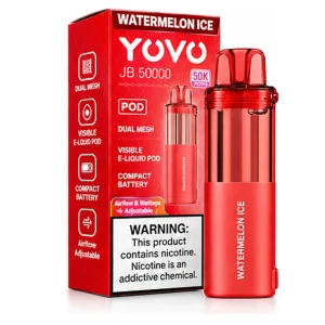 Watermelon Ice YOVO JB50K disposable vape pod with retail box, 15mL, 5% nicotine salt, up to 50,000 puffs, iced